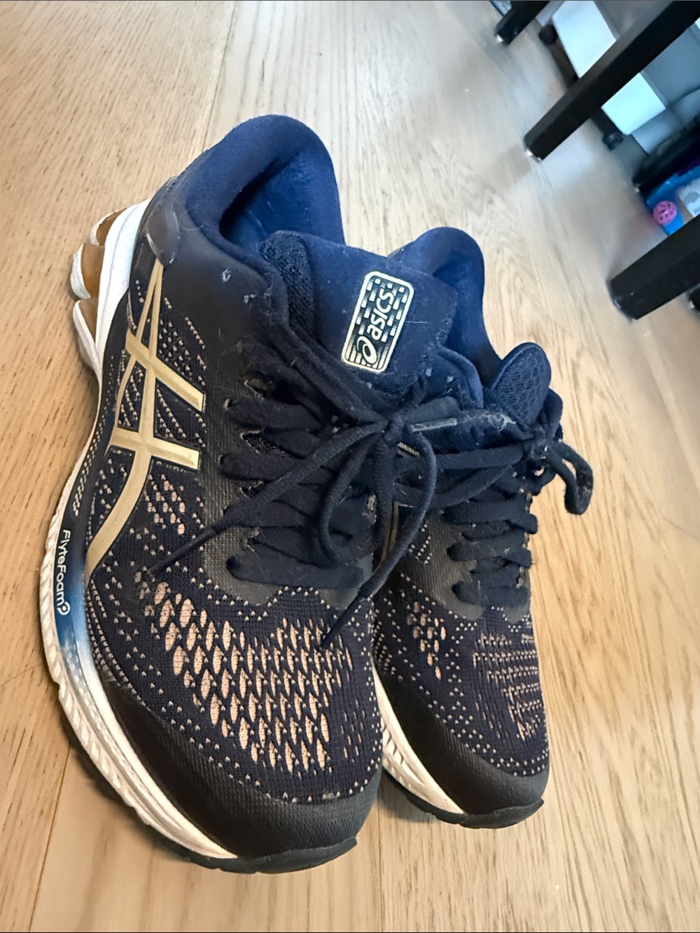 Asics Navy and Gold Knit Running Sneakers